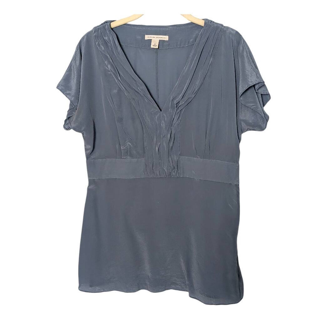 Y2K Banana Republic Sz 8 Blue 100% Silk Satin Babydoll Pleated Blouse Top
